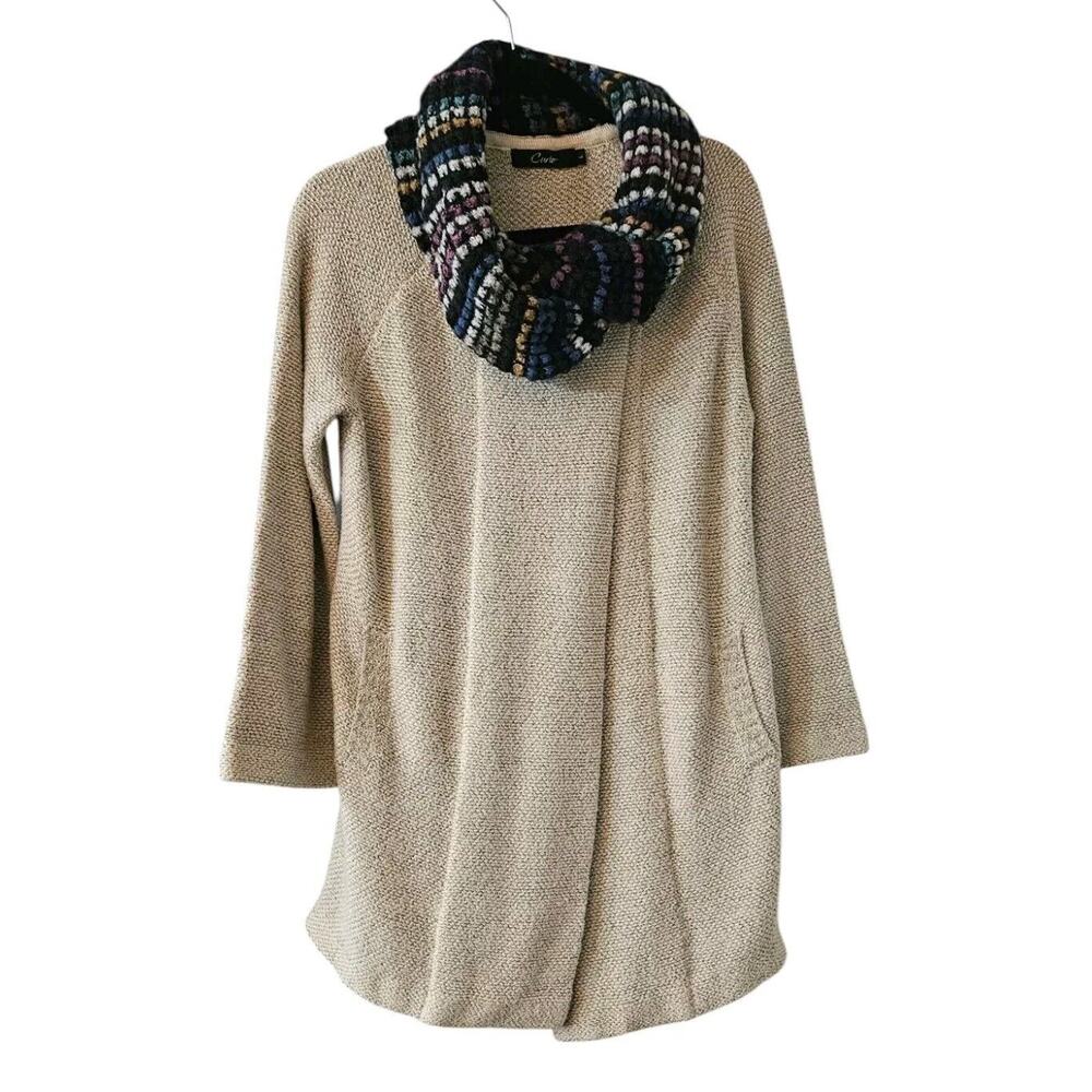 Curio Womens LARGE Sweater Jacket OVERSIZED COLLAR Tan Lagenlook Pockets